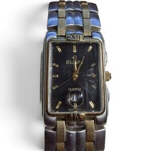 Vintage Elgin Men's Quartz Wrist Watch FM333-040 Two Tone Square Black Dial